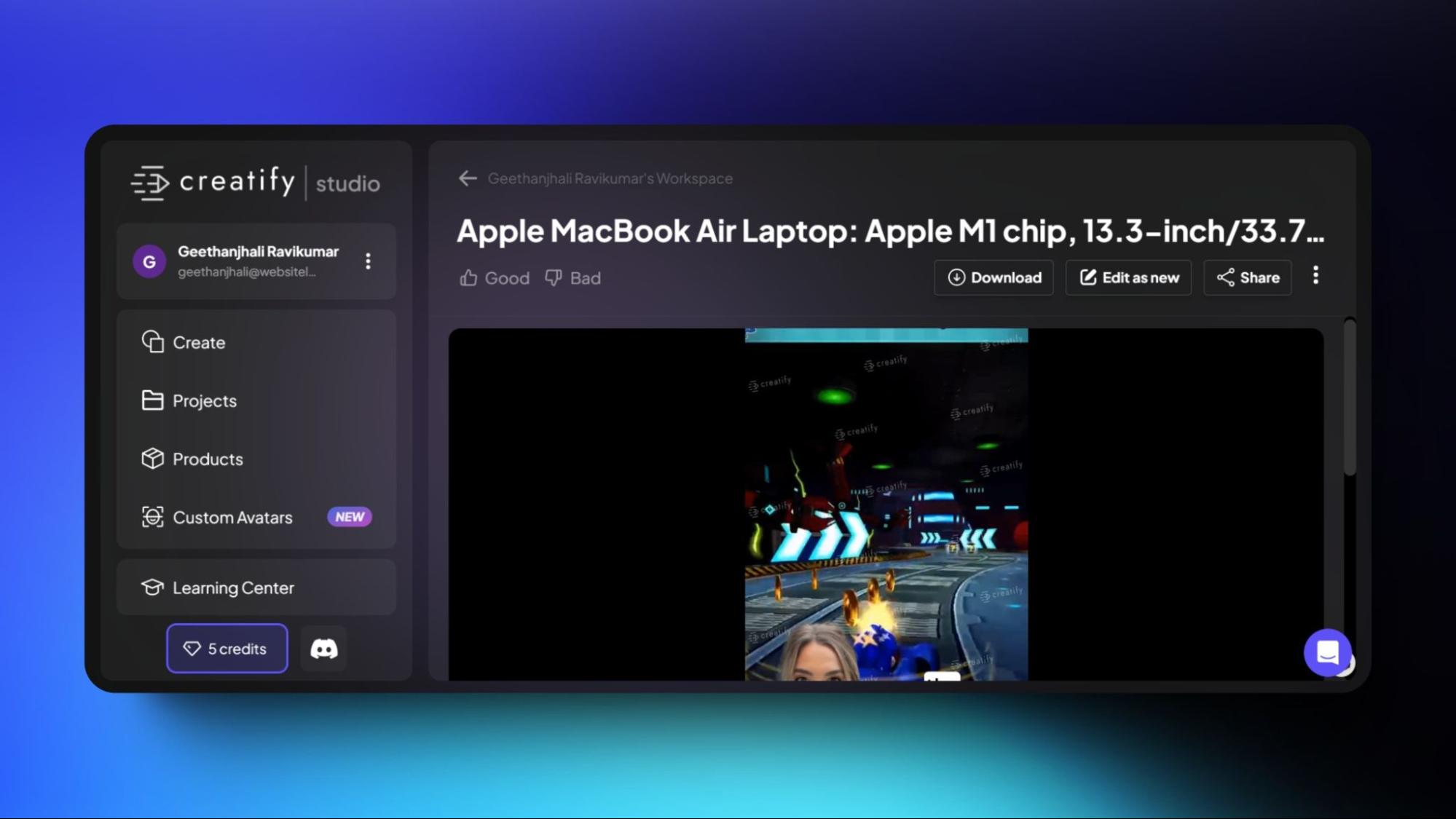 Screenshot of Creatify Studio’s dashboard displaying a product campaign for Apple MacBook Air, utilizing AI tools for social media content generation.