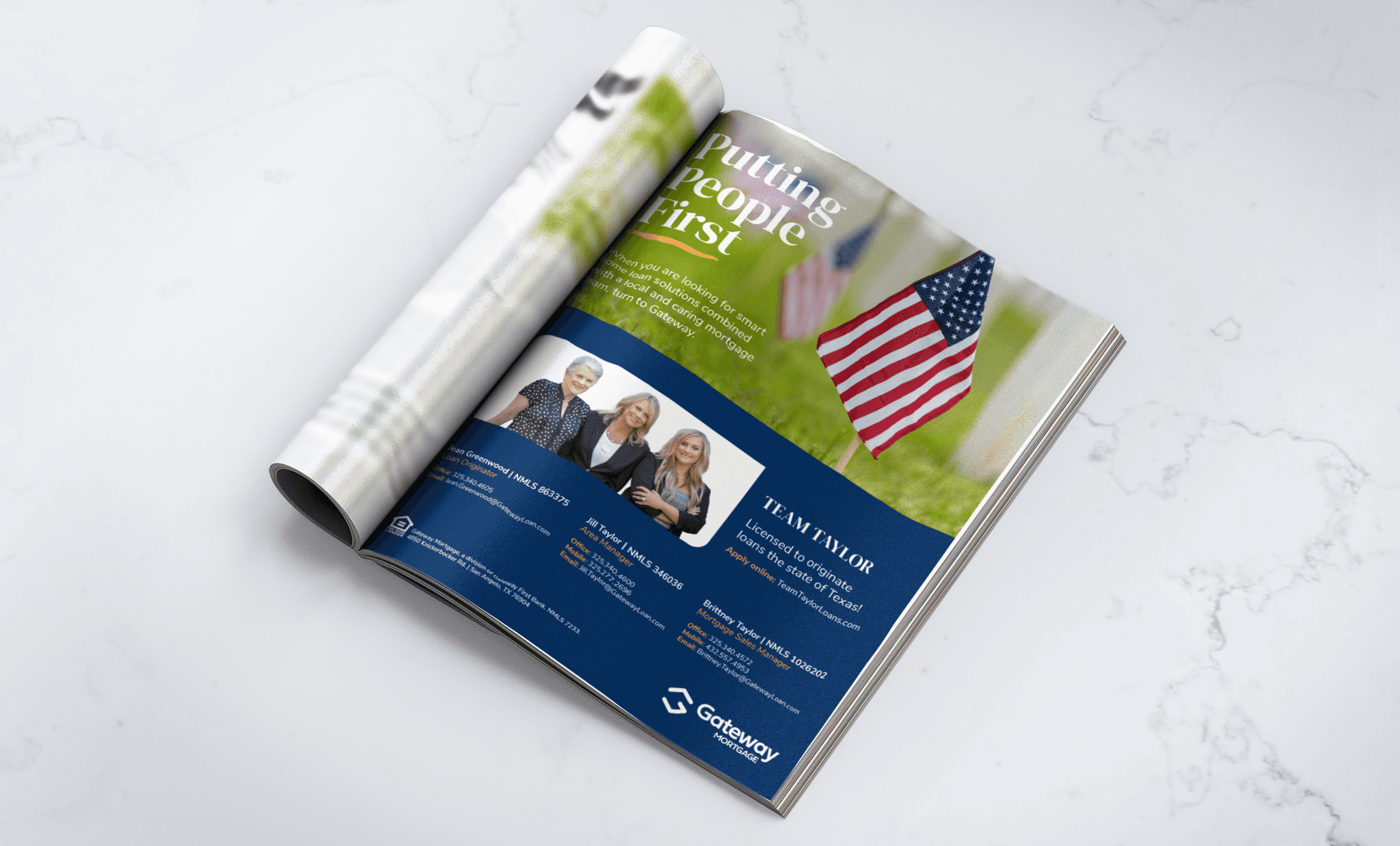 Full-page magazine ad with an American flag image on a white marble background