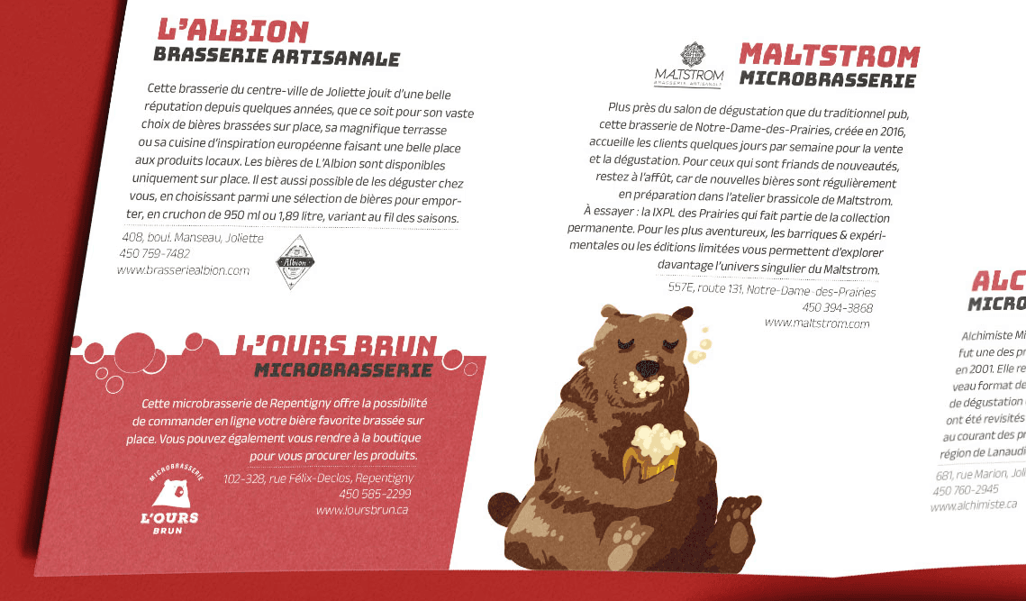 Encart promotionnel de la route des bières de Lanaudière illustrant un ours buvant une bière