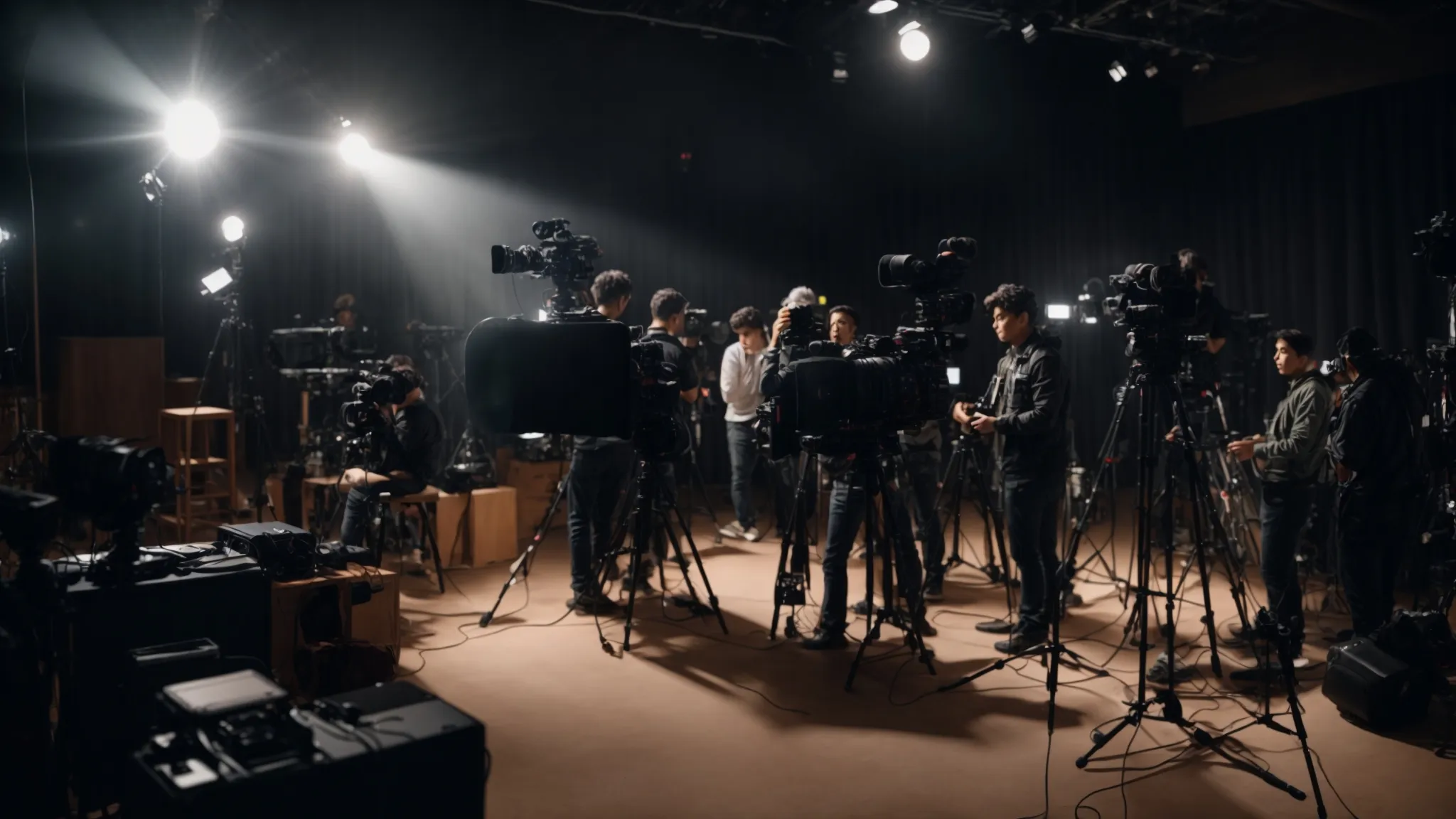 a camera crew films an artist on a dynamic set, adjusting lighting and audio equipment to capture the essence of the song.