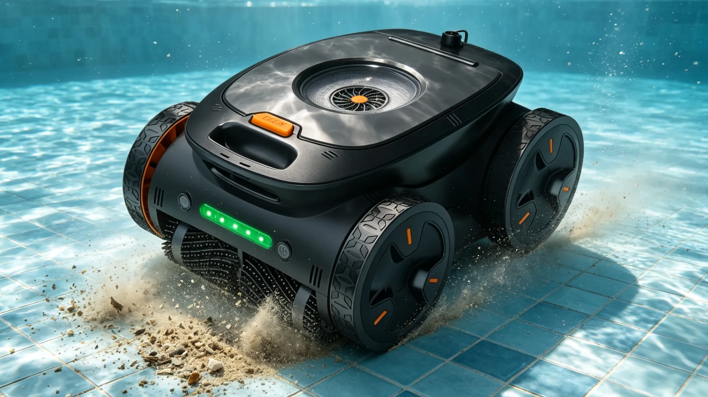 Robotic pool cleaner removing sand and fine debris from a pool floor