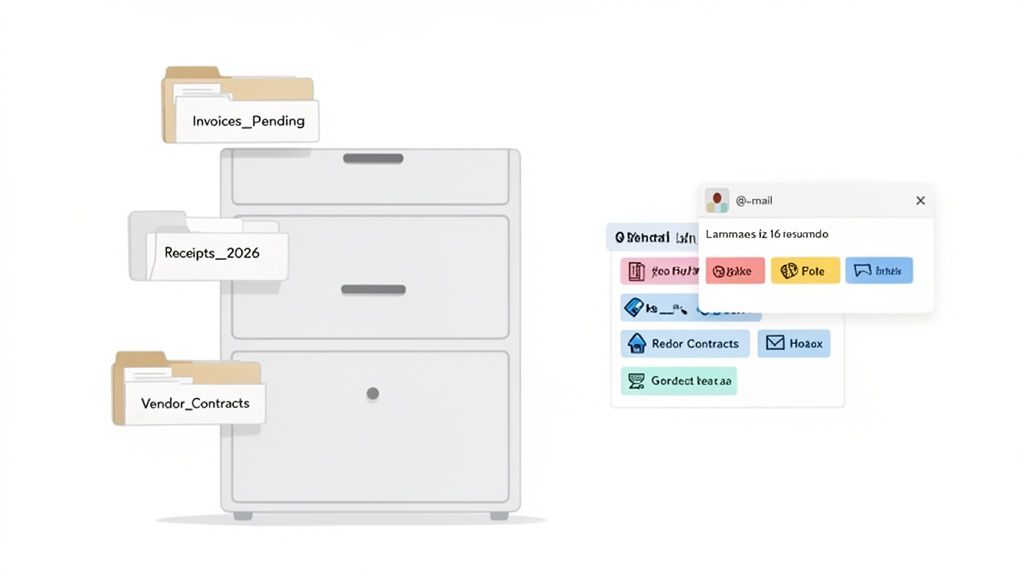 A filing cabinet with labeled folders for invoices and receipts next to a digital email organization window.