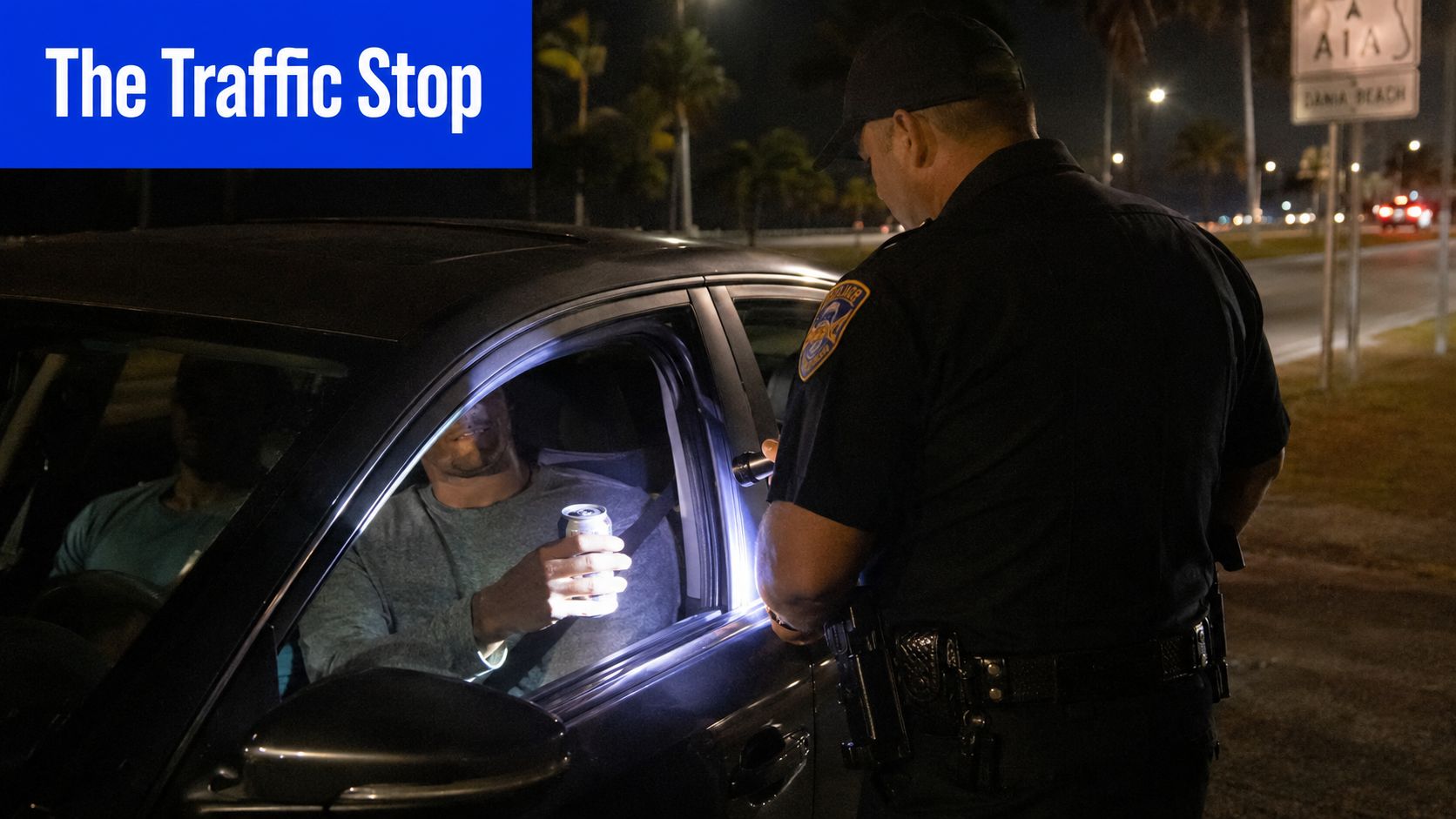 A police officer shines a flashlight on a driver holding an aluminum can during a night traffic stop.