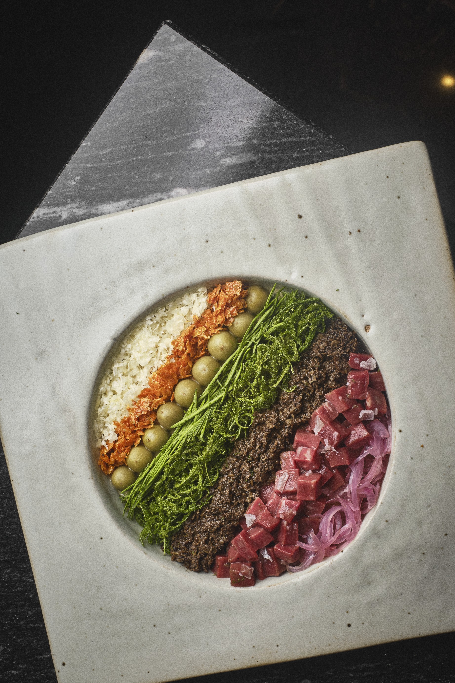 Raw Beef Heart, Tomme de Chiang Rai, Pea Eggplant, Galangal, Fried Acacia