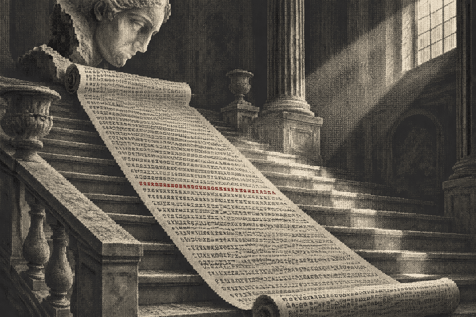 A long parchment ledger unrolling down a marble staircase while a marble face in profile reads it, one line marked in red