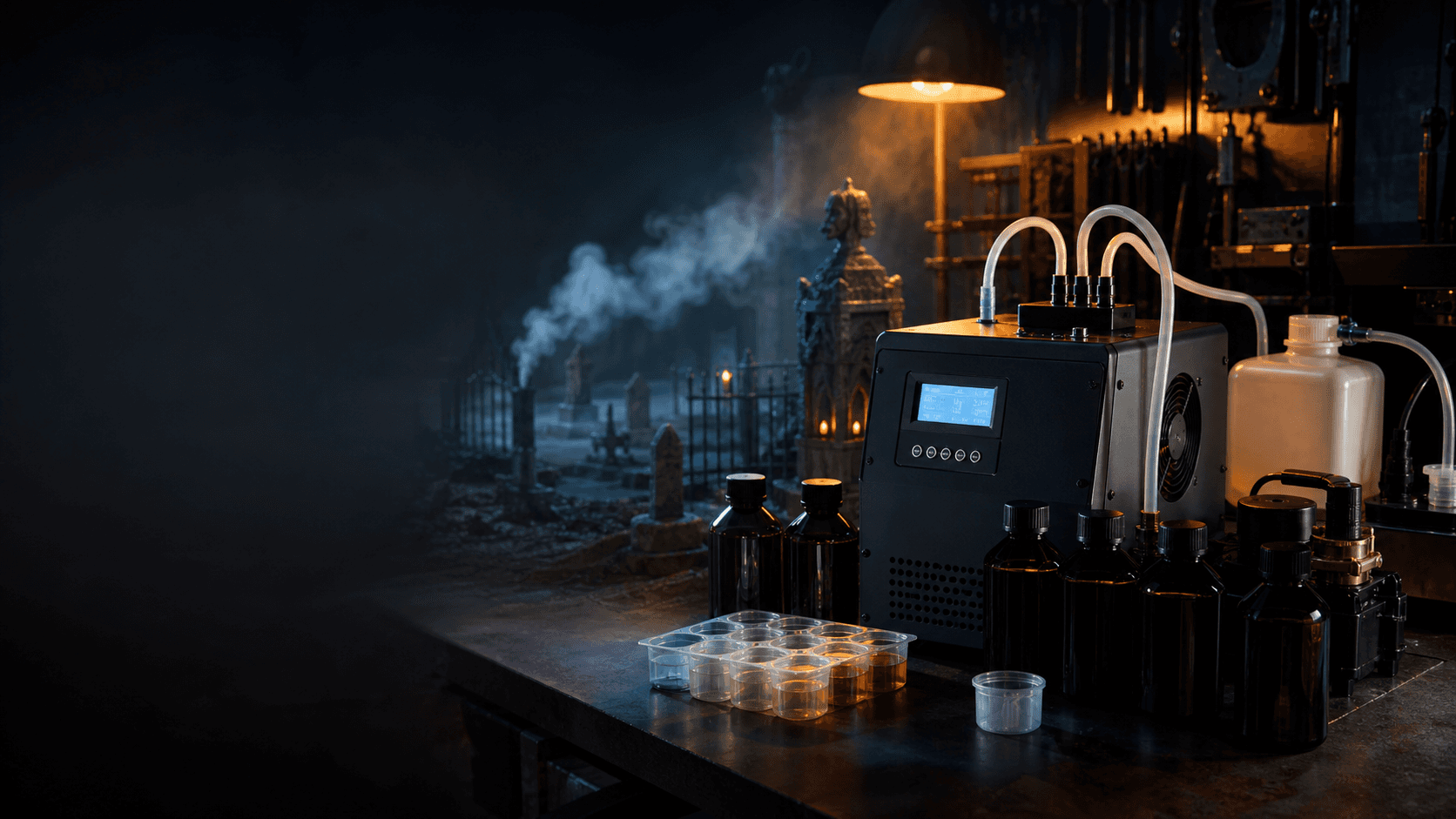 Theatrical scent-delivery equipment prepared beside a haunted-attraction scene