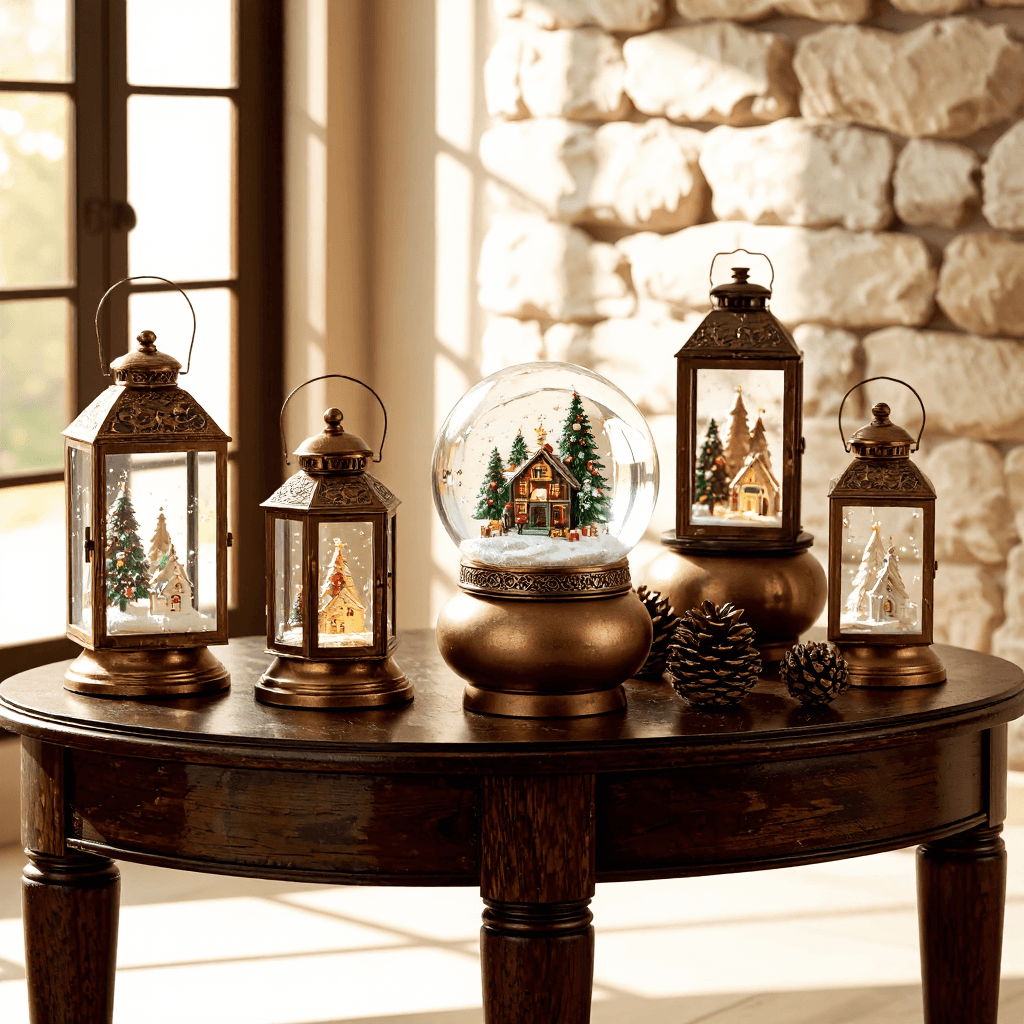 product photography of a collection of decorative snow globes and lanterns