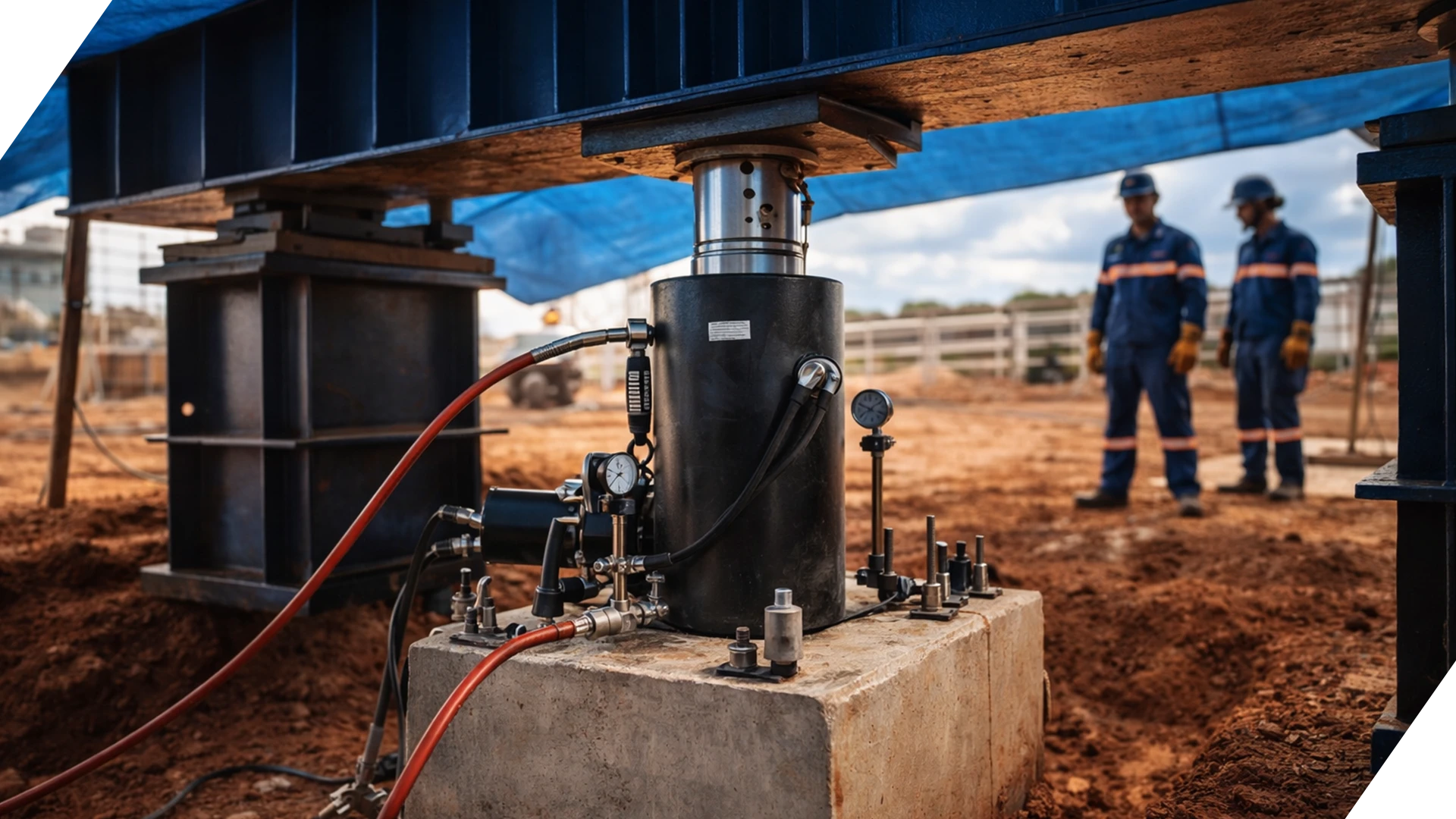 Ensaio de carga estática em fundação profunda, com macaco hidráulico e estrutura de reação para controle técnico e verificação de desempenho.