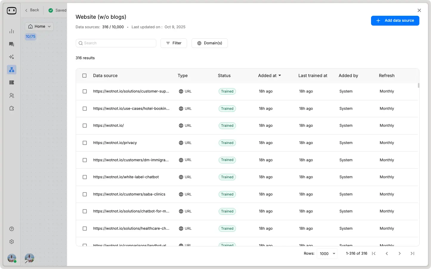 adding website as knowledge base in WotNot