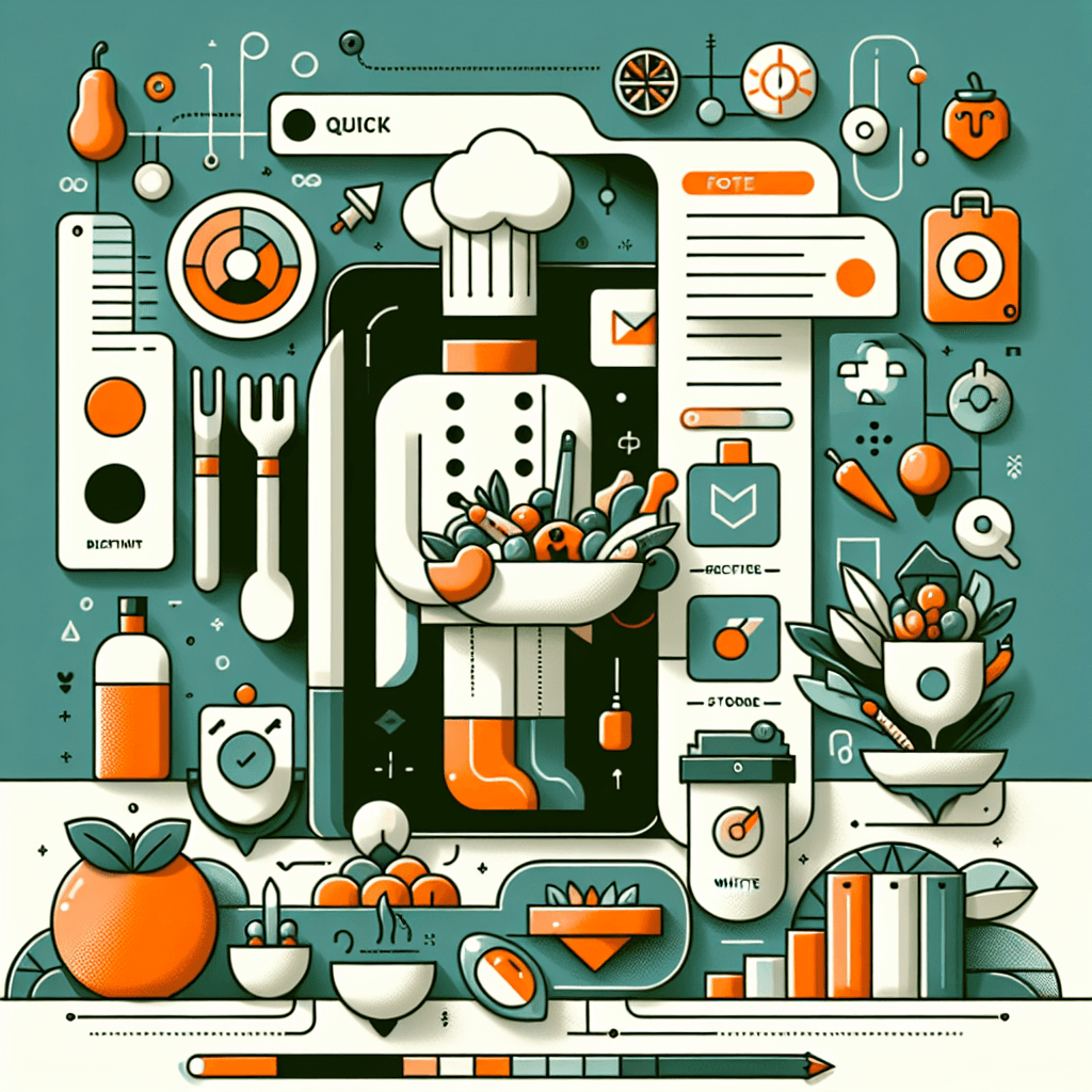 Illustrative Darstellung eines digitalen Kochsystems: Ein stilisierter Koch erscheint aus einem Smartphone, hält eine Schüssel voller frischer Zutaten. Rundherum sind Symbole für Rezepte, Zutaten-Management, Timer, Einkaufslisten und Ernährungshinweise angeordnet. Das Design kombiniert Technik, Organisation und Kulinarik in einem durchdachten App-Konzept.