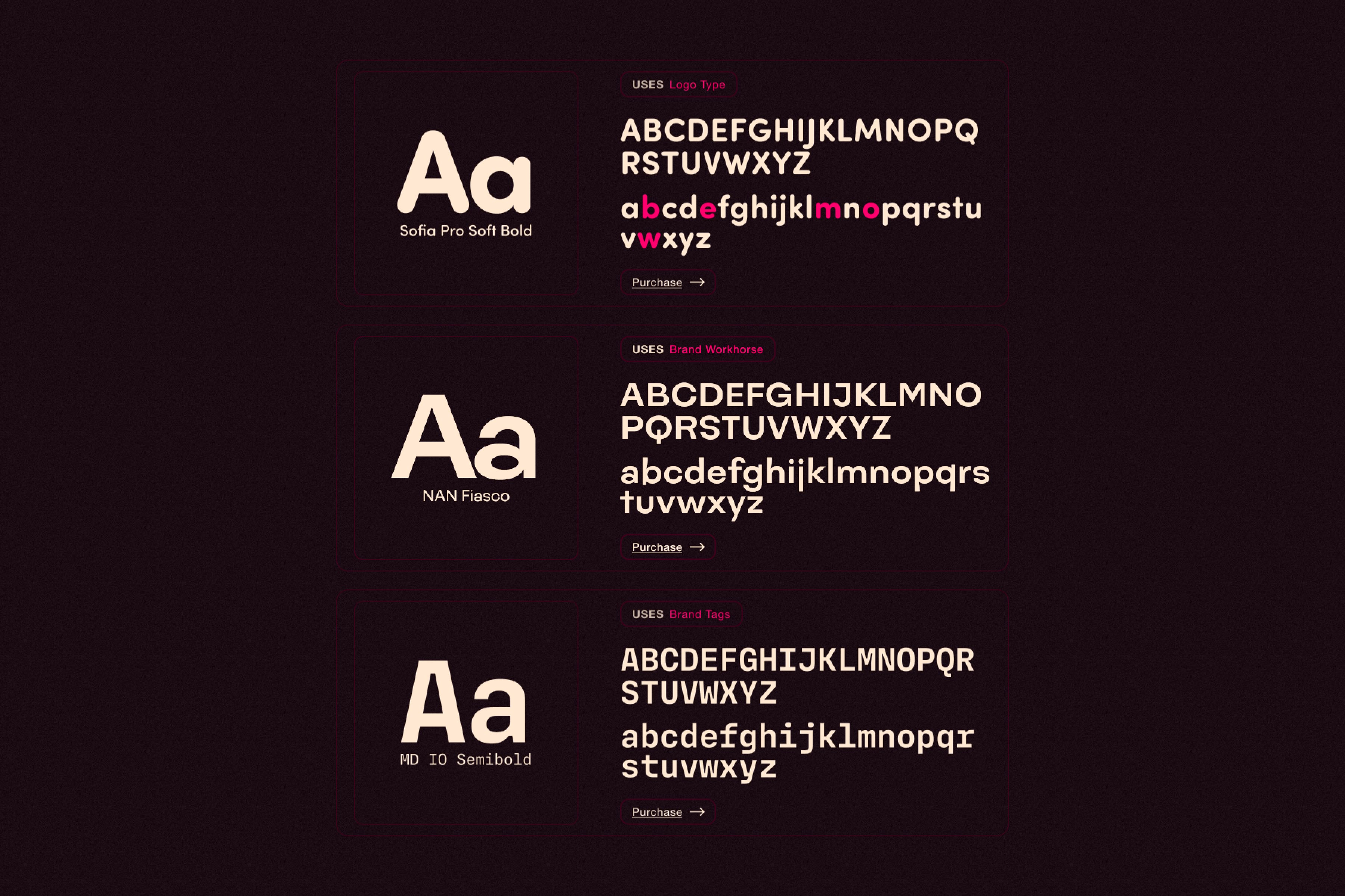 A design that shows off the typography selection for the Webmo brand: - Sofia Pro Soft Bold (used for the Webmo logo type) - NAN Fiasco (used as the brand workhorse typography) - MD IO Semi Bold  that is used for tags and labels. 