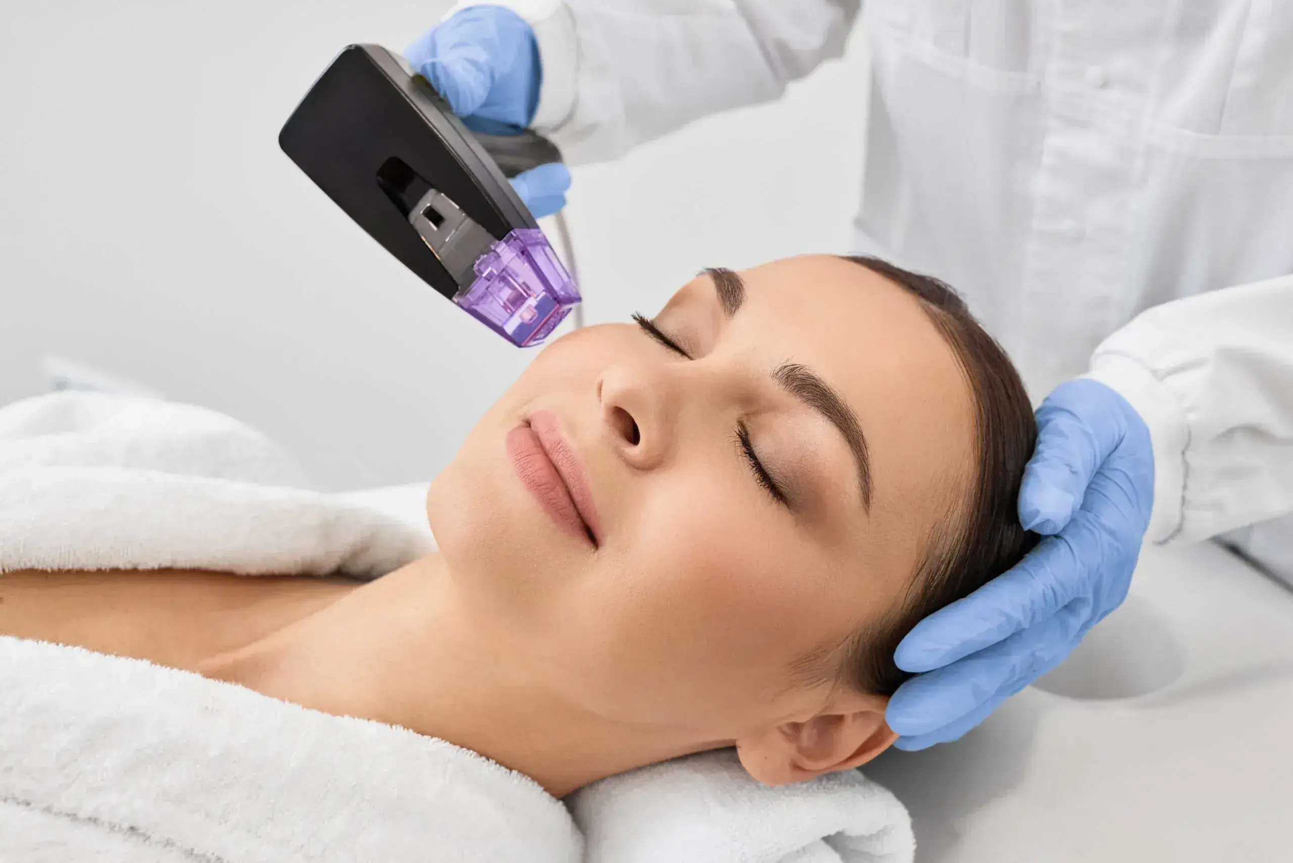 Woman receiving Morpheus8 microneedling with radiofrequency treatment to smooth wrinkles, tighten skin, and improve facial texture.