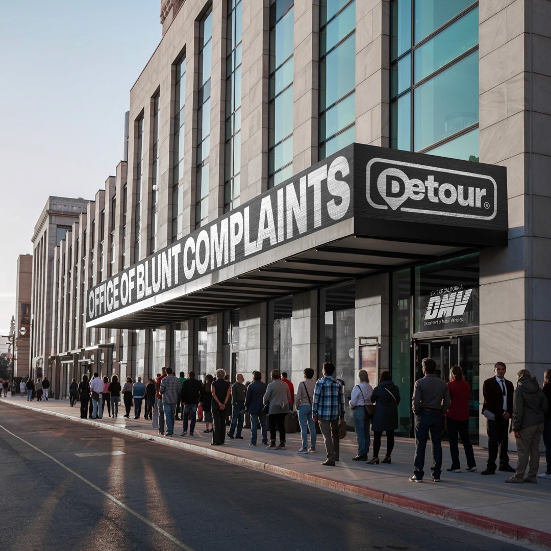 Exterior view of office building with large line-up of people
