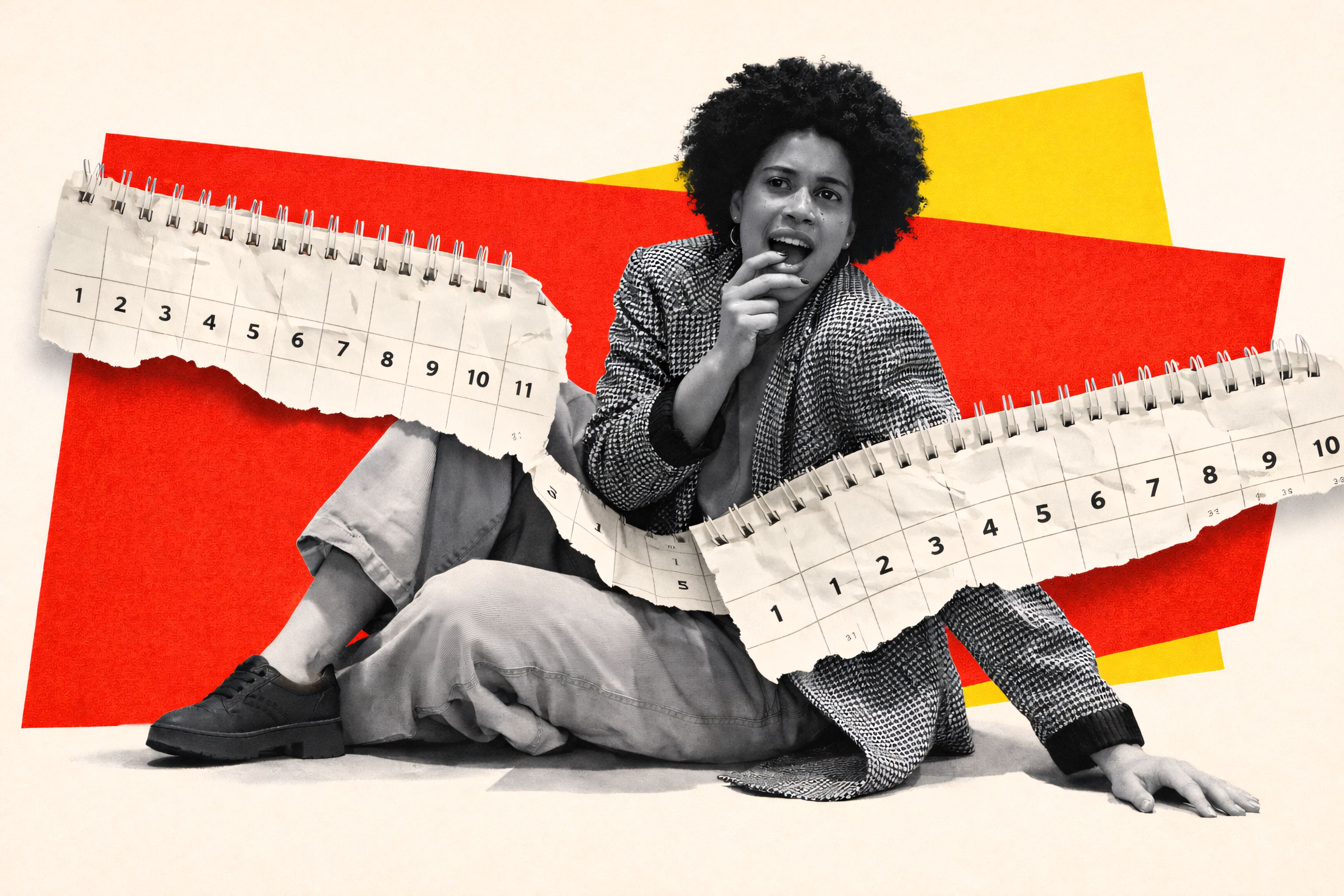 Interior designer struggling with deadlines, shown as a black-and-white cutout seated with torn calendar pages and sequential dates, against bold red and yellow shapes, illustrating project delays and timeline management issues