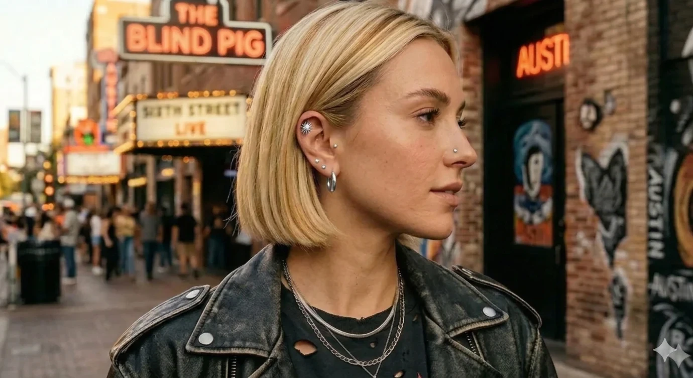 woman with pierced ears in downtown austin