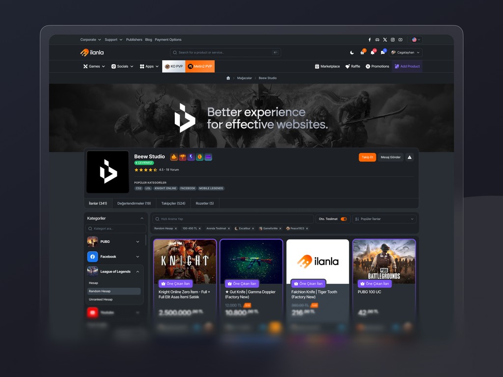 Storefront page for sellers on Ilanla platform featuring cover banner, seller profile, rating, and listed products