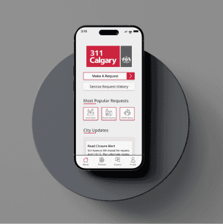 Mobile UI mockup of redesigned Calgary 311 app by Krysten Loiselle, showcasing streamlined home screen with prominent service request button and most popular request icons.