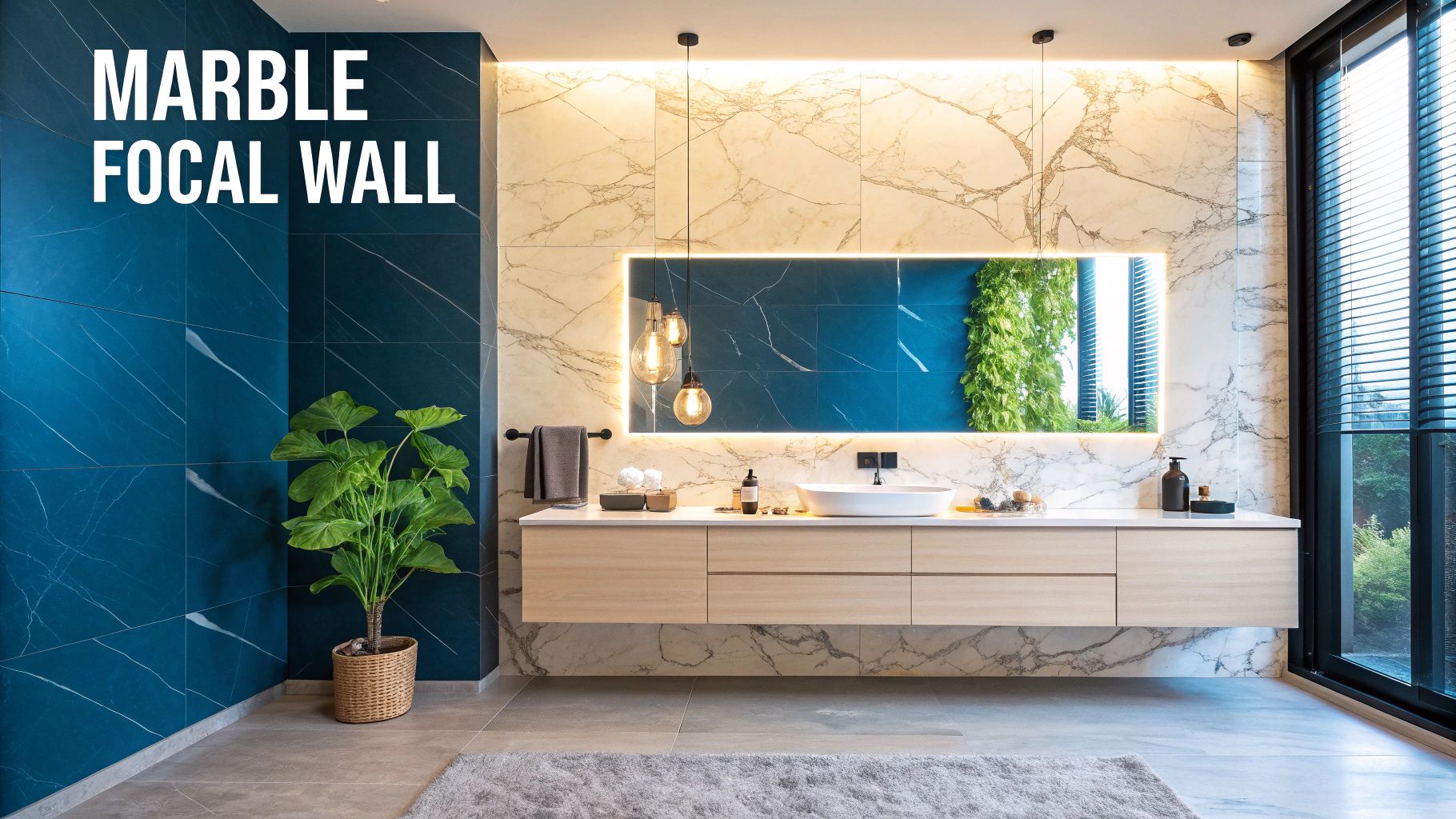 Modern luxury bathroom with blue marble focal wall, white marble vanity, and illuminated mirror.