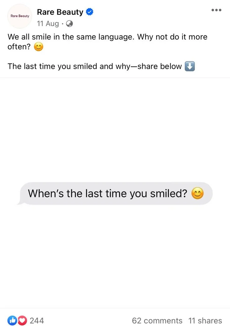 a q&a social engagement post by Rare Beauty on Facebook