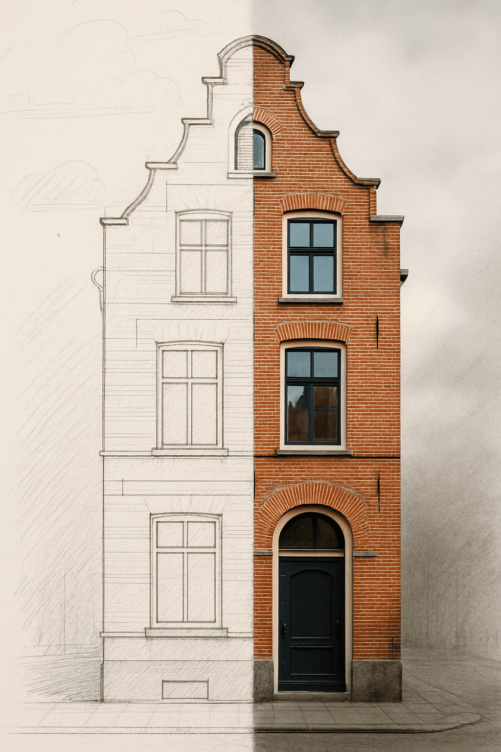 Historisch Nederlands herenhuis, links als bouwtekening en rechts als afgewerkt gebouw, illustratie van het proces van schets tot realisatie
