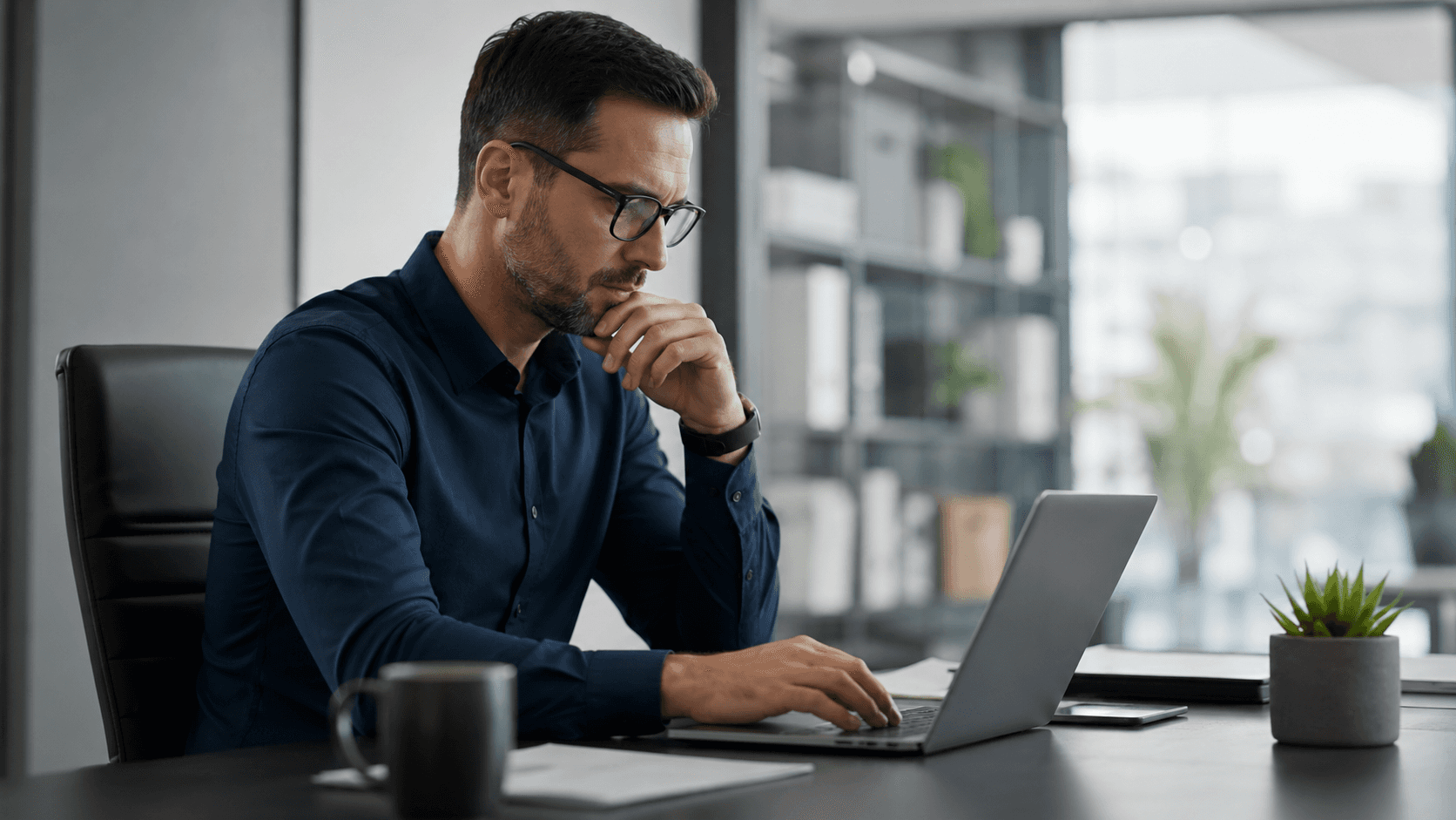 Homem sentado em um escritório moderno utilizando um notebook para realizar um pedido online em um portal B2B. O ambiente transmite organização, agilidade e profissionalismo, com mesa limpa, iluminação suave e elementos corporativos ao fundo. A cena em estilo realista 3D representa autonomia no processo de compra, sem interação com vendedores, destacando um fluxo digital rápido e eficiente.