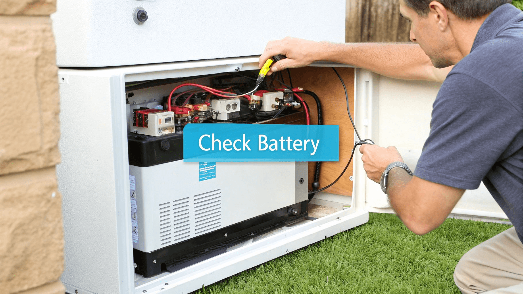 a service worker checking the battery on a generac generator