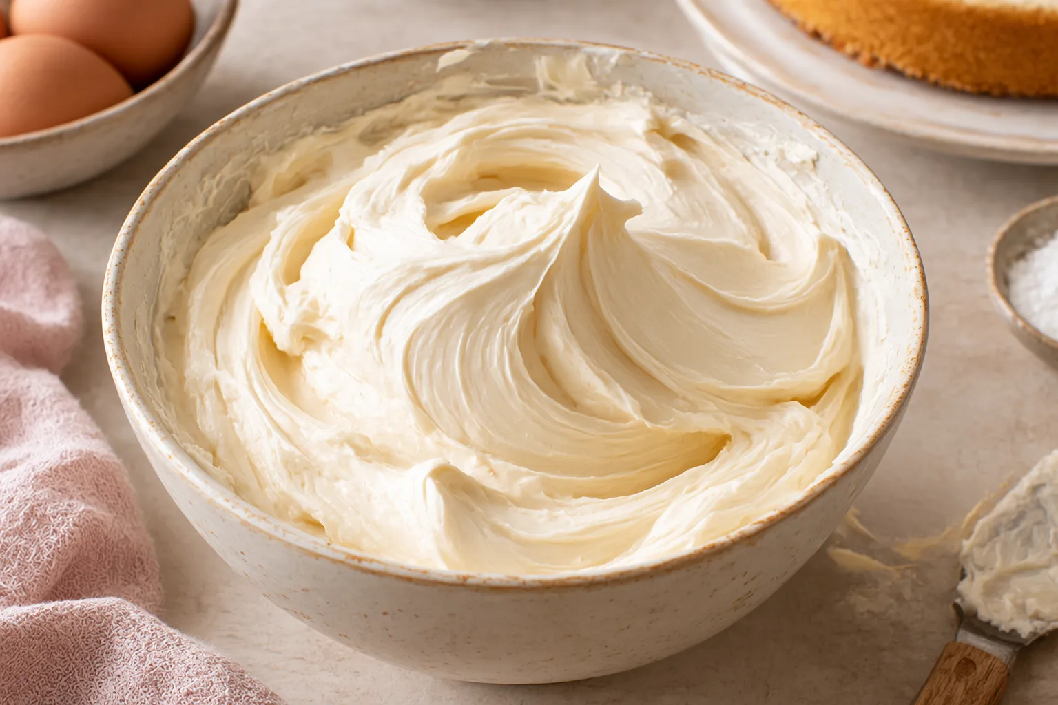 Whipped Swiss meringue buttercream in a bowl