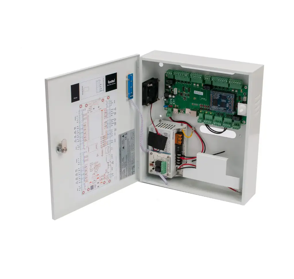 Black smart home device with screen showing time and temp
