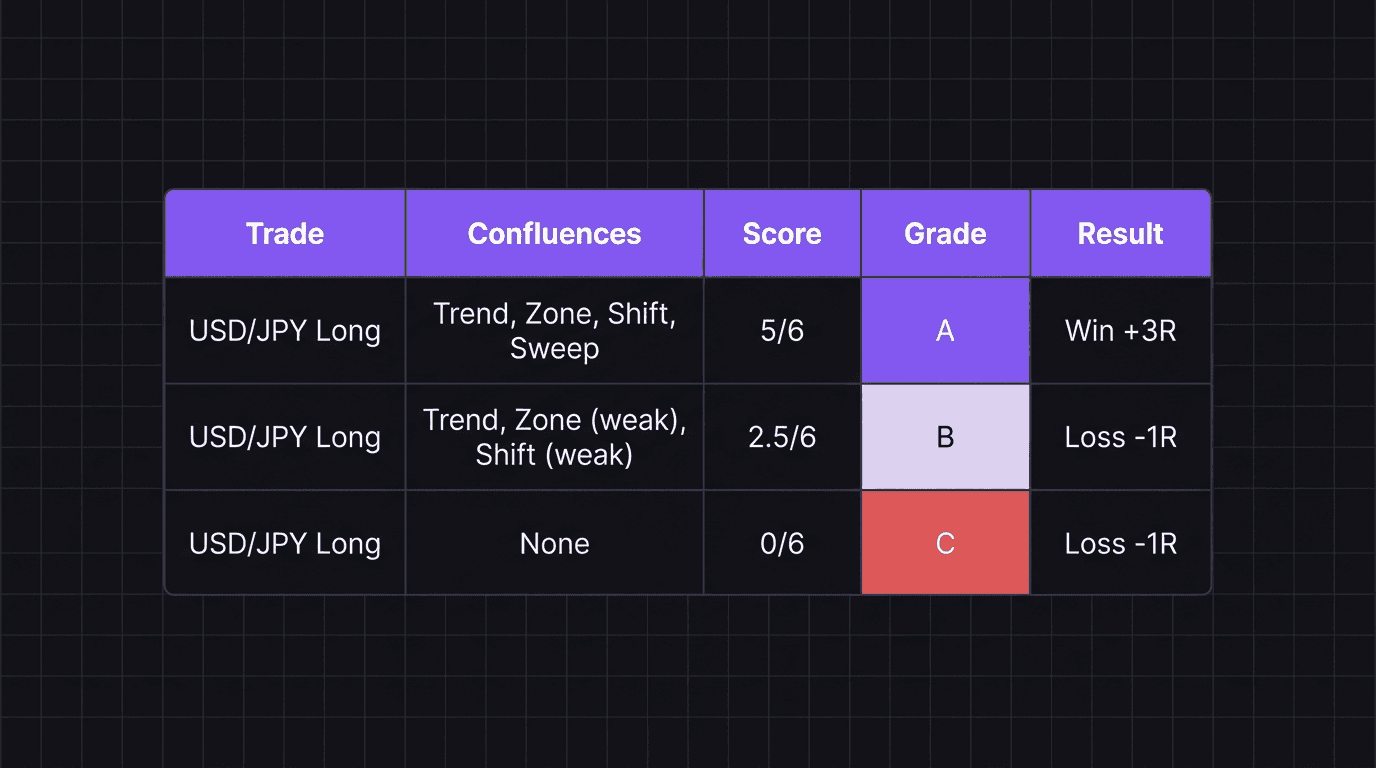 Spreadsheet table showing three trades graded by confluence score with entry quality ratings