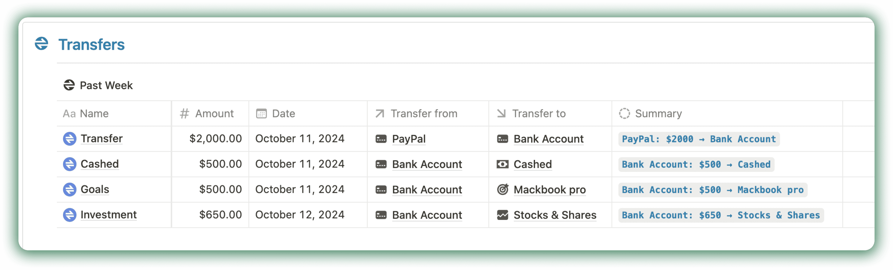 Transfers in Notion Finance hub