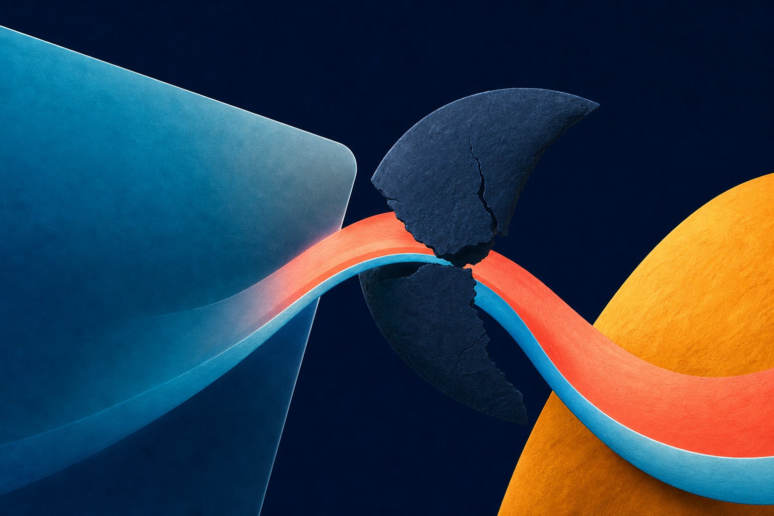 A luminous coral and cyan ribbon bends around a fractured dark form between broad blue and amber fields.