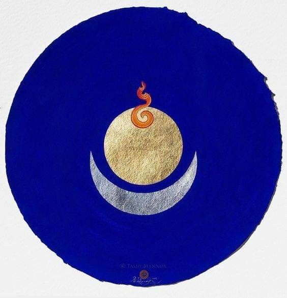 Gold sun and silver crescent moon sacred art on deep blue representing intention surrender and gratitude