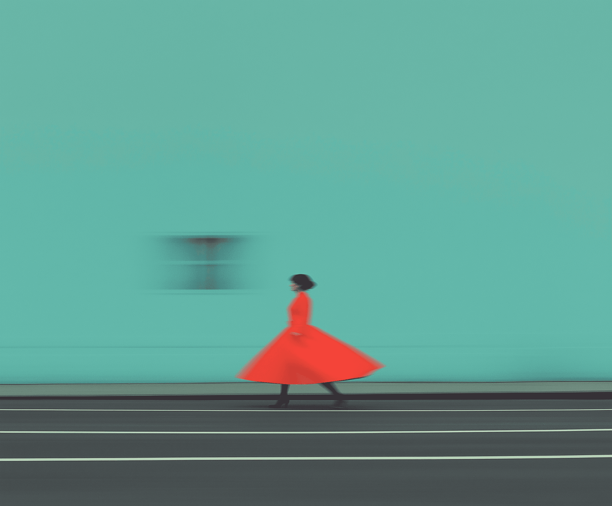 Woman in Red Dress Against Turquoise Background