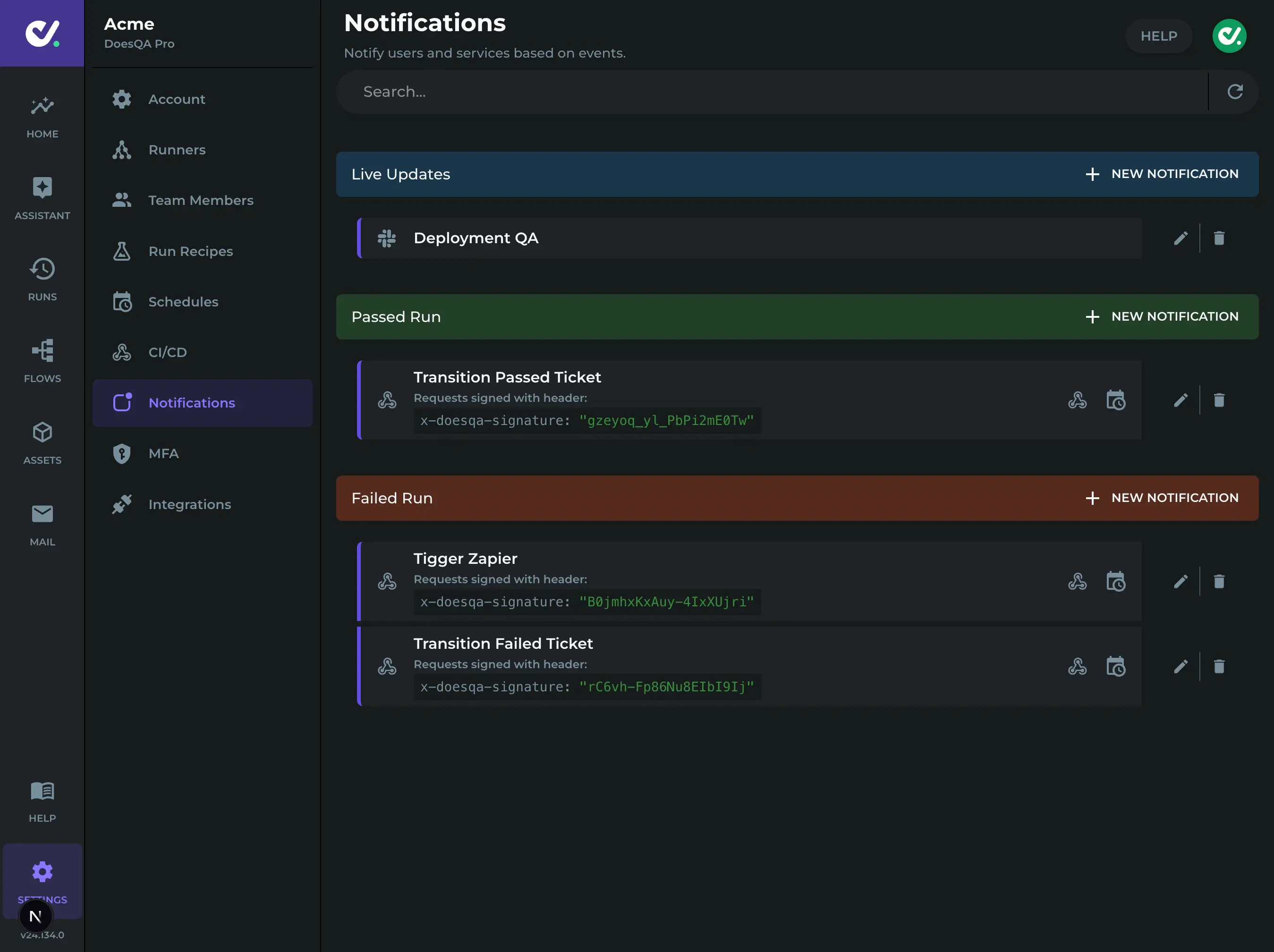 Settings view showing notification configuration for events, including integrations like webhooks and automation triggers for test runs.