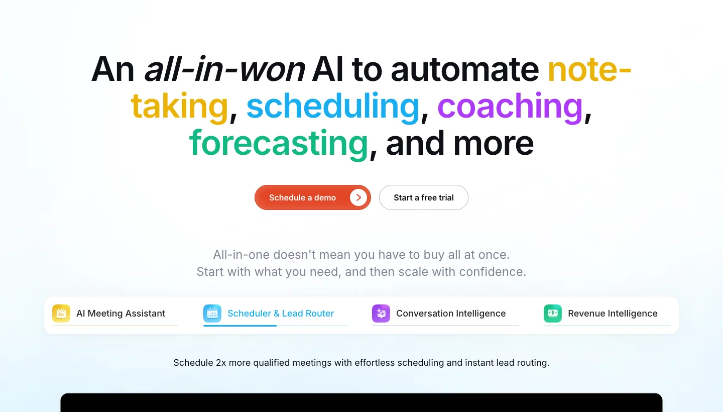 Avoma homepage: AI meeting note-taker and conversation analytics platform