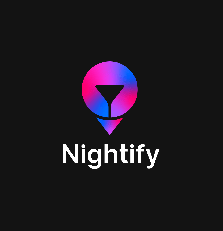 Nightify vertical brand lockup showing the large gradient brand mark centered above the company name. This secondary logo orientation is designed for centered layouts and promotional materials.