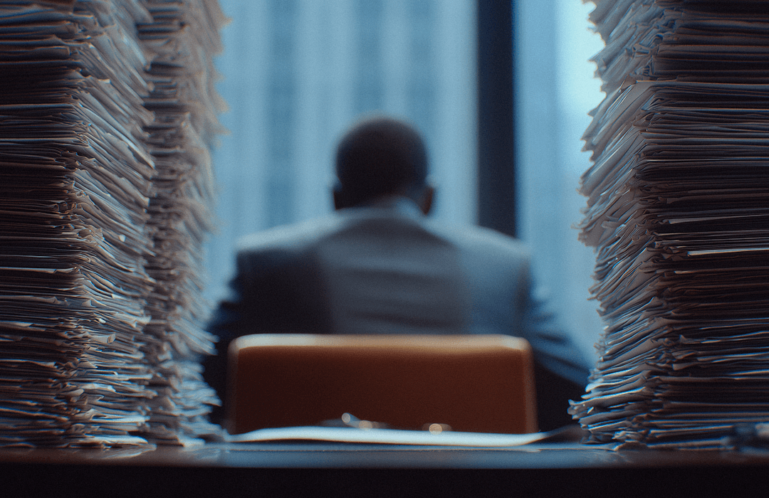 Advogado sobrecarregado entre pilhas de processos, representando na prática o custo da inação e a ineficiência no escritório.