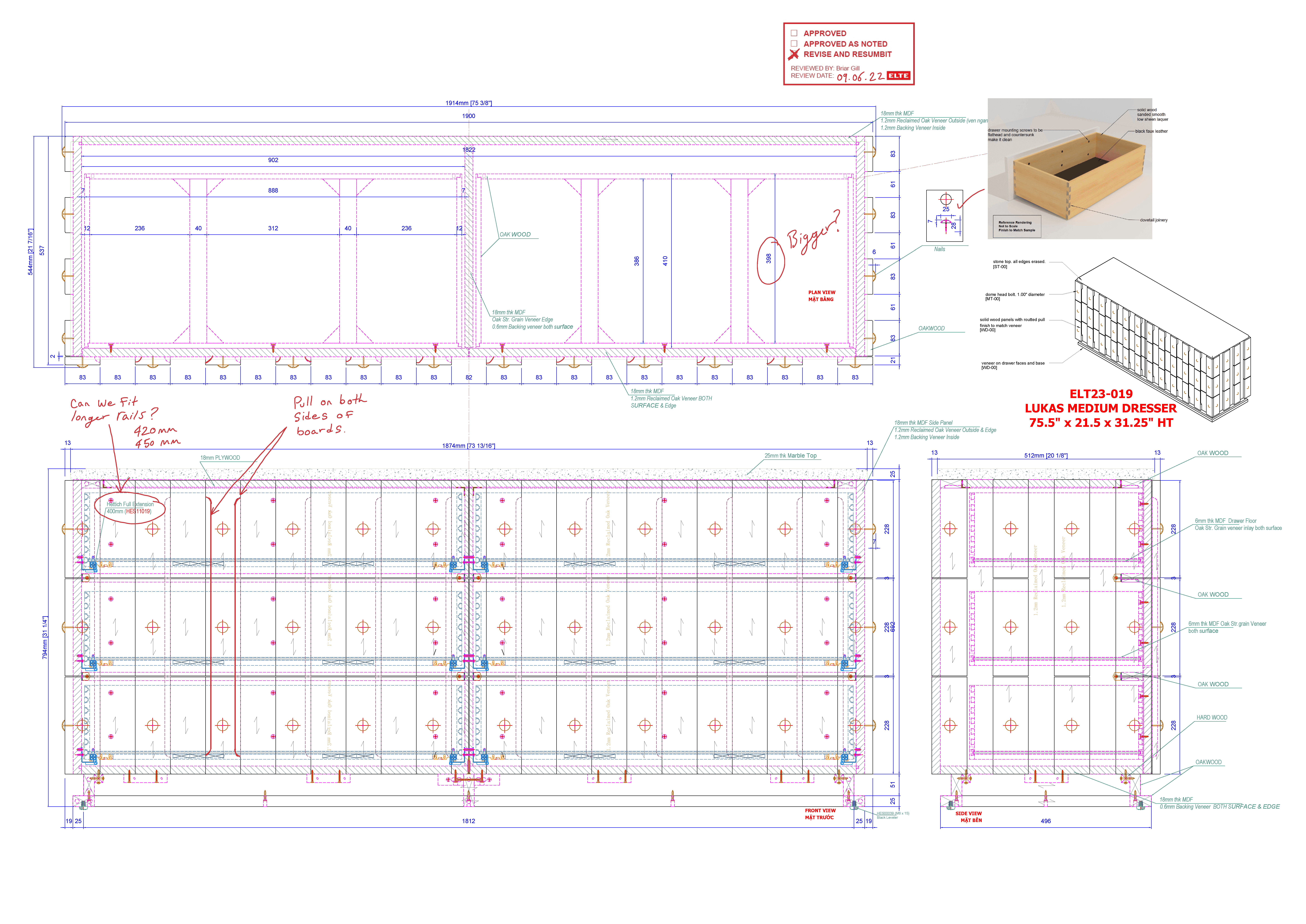 Detail drawing from oversea vendor showing mark-ups.