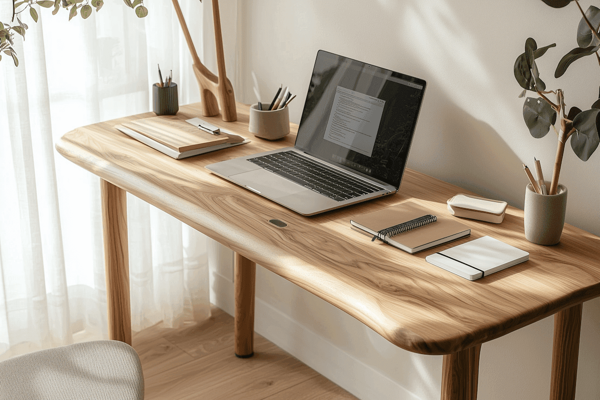 A laptop sits on a wooden desk in a cozy room, with soft lighting and minimal decor.