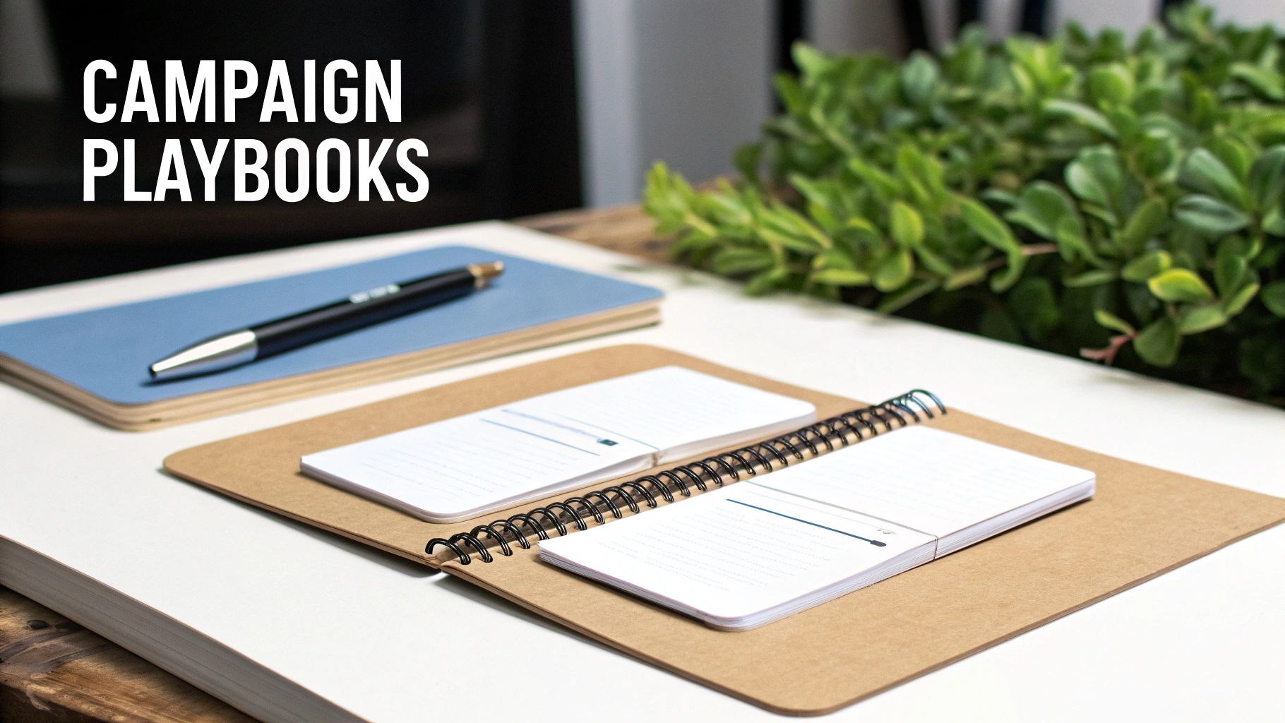 A clean desk setup with two open notebooks, a black pen, and a green plant in the background.
