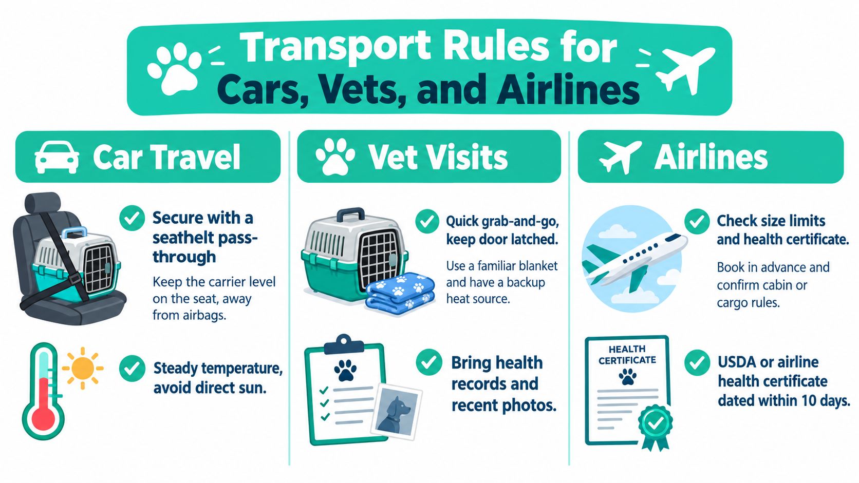 An infographic detailing transport rules for pets in cars, for vet visits, and on airlines.
