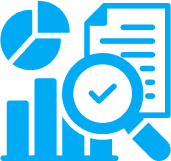 Blue analytics and report icon with pie chart and magnifying glass representing data-driven strategy – RJP.design, leading Web Design Agency in NYC offering website design and digital marketing services.