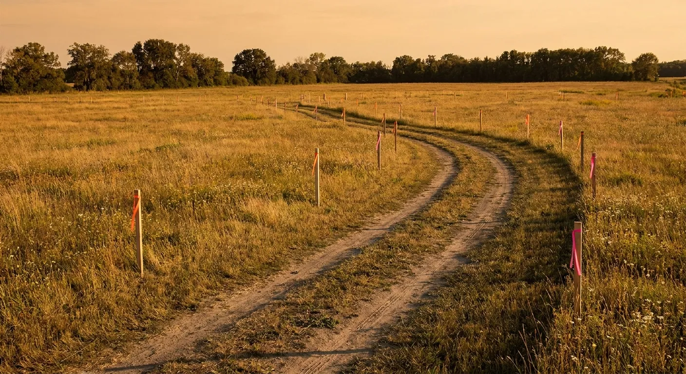 Winding dirt road through grass field at sunset, ideal for RockN' Socials branding.