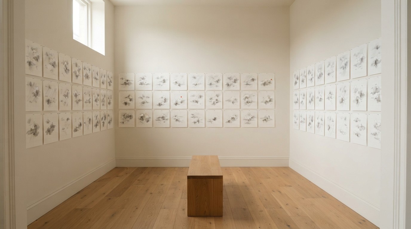 Installation view of Paper Weather: grids of small daily drawings on three walls