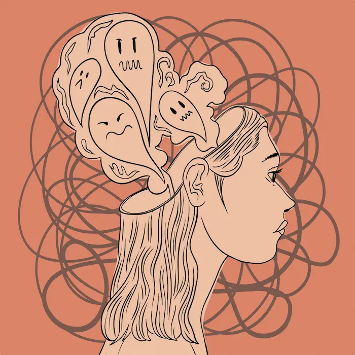 une femme avec des idées sortant de sa tête, montrant le overthinking.
