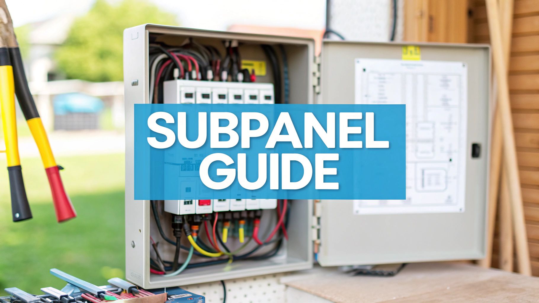 an electrical box with text in the foreground reading 'subpanel guide'