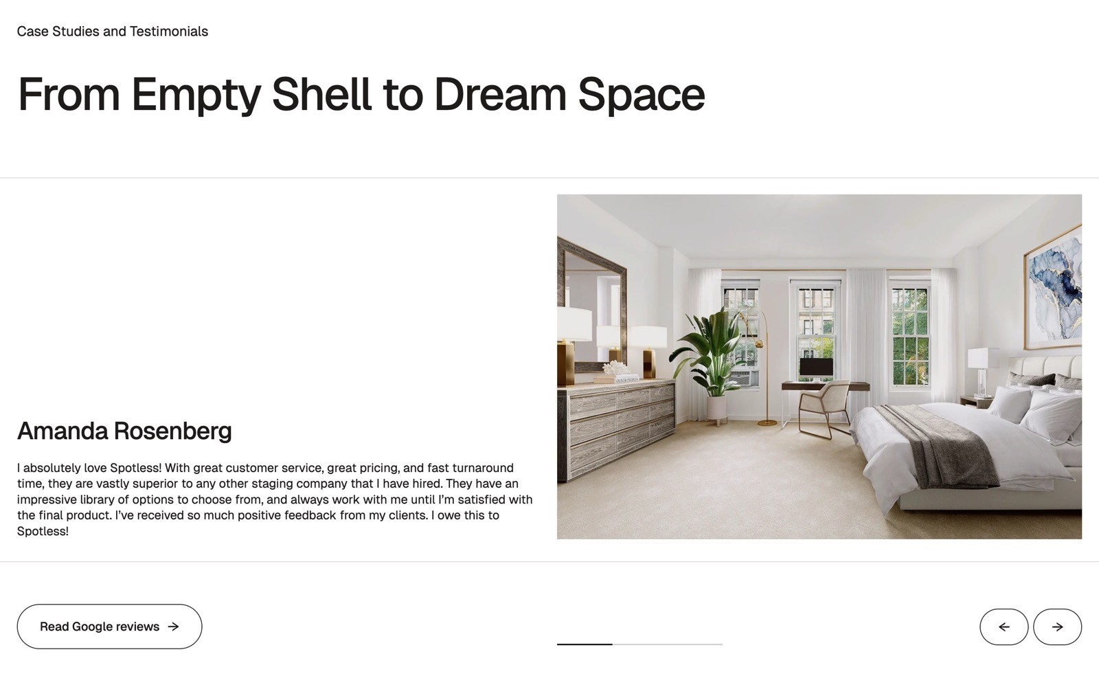 Modern bedroom with wooden dresser, large bed, and bedside lamps. Testimonials section featuring Amanda Rosenberg's review.