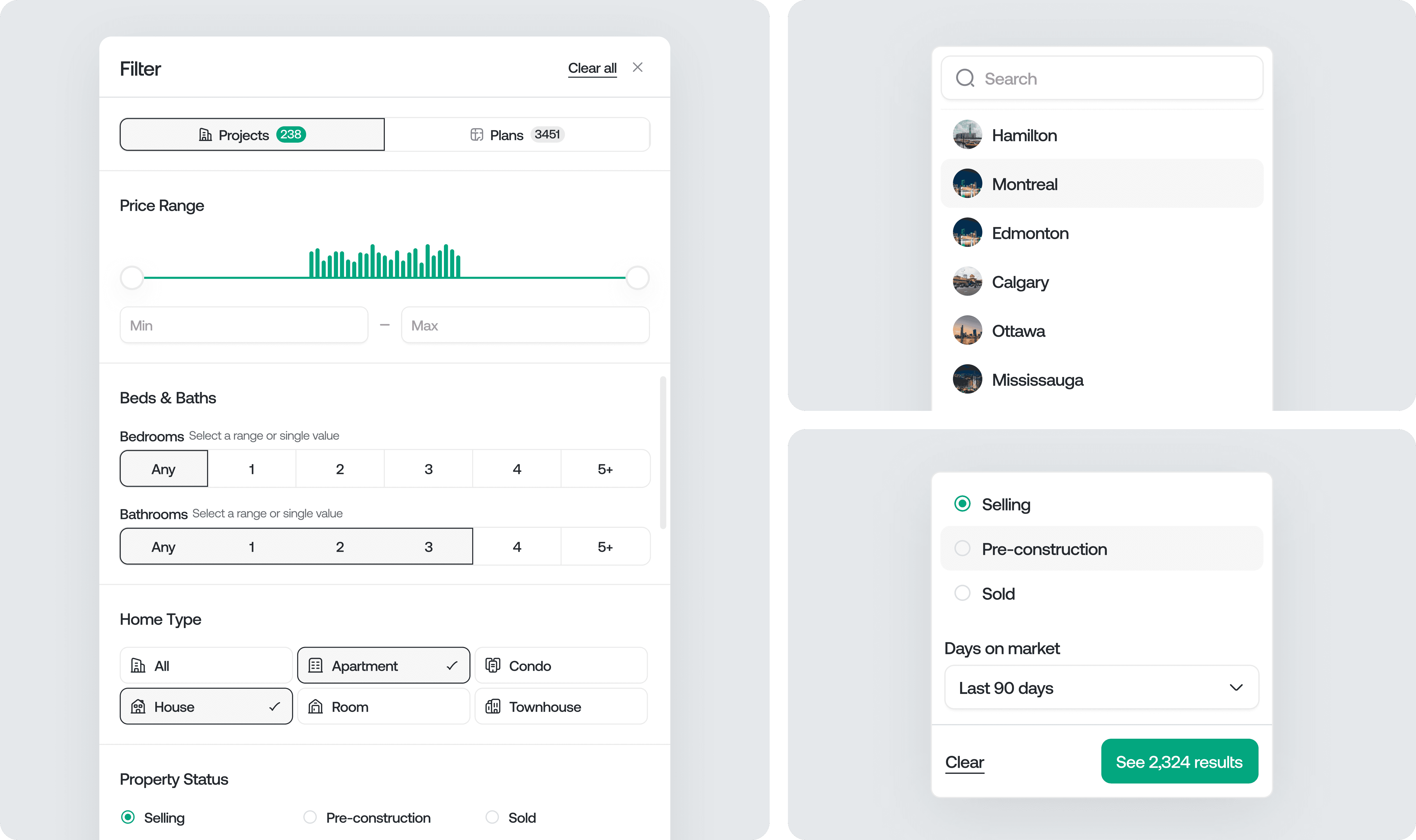 Advanced filter interface allowing users to refine search by price range, bedrooms, bathrooms, property type, status, and days on market.