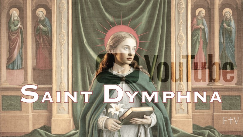 Sacred artwork by Faith and Verse. © Faith and Verse, 2025. All rights reserved. Traditional Catholic art—portrait of Saint Dymphna, shown before a frescoed wall of saints with a green draped cloth behind her, veiled YouTube play marker blended softly into the composition.