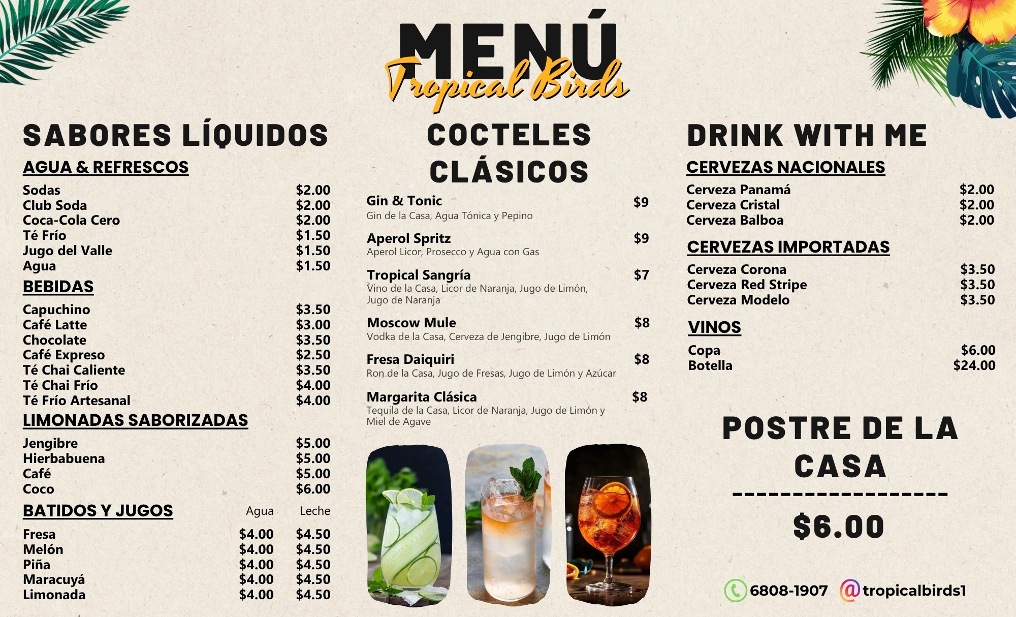 Diseño de menú restaurante Tropical Birds Panamá – carta de bebidas, cócteles y postres creada por Fresa Marketing